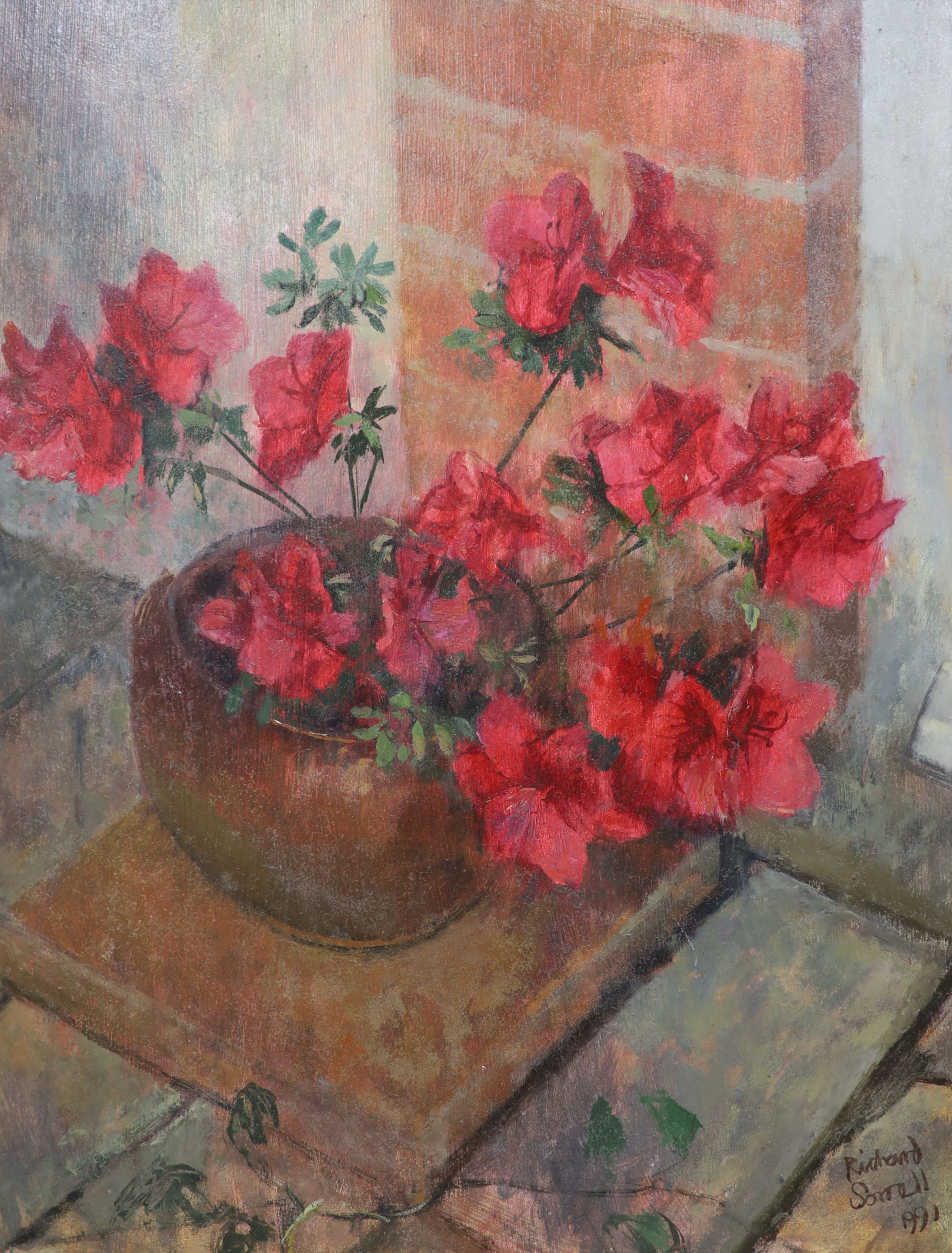 Richard Sorrell RWS, oil on board, Still life of Azaelas in a pot, signed and dated 1991, 35 x 27cm
